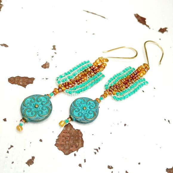 Boho Chic Seed Bead Dangle Earrings, Hammered Earrings, Statement Jewelry 3.25" - Picture 6 of 9